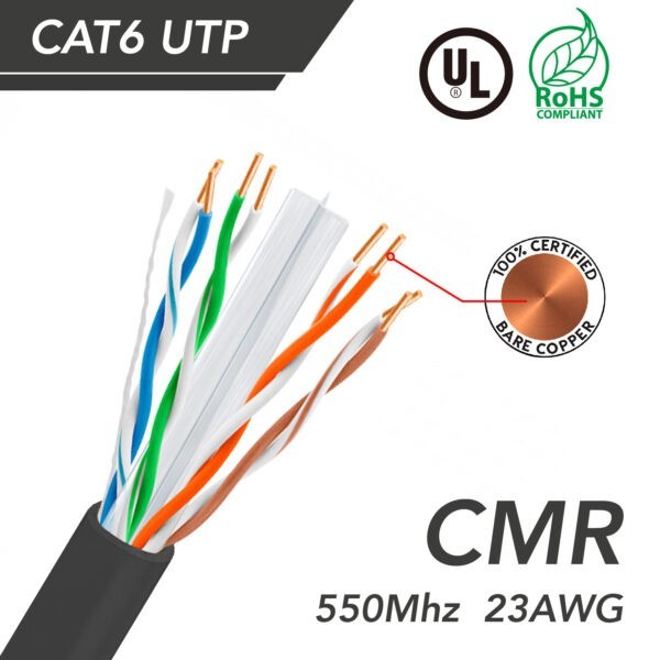 1000ft Cat 6 UTP 23AWG Solid CMR Bulk Cable Black, UL Listed SKU: ATDS100961BK - Image 2