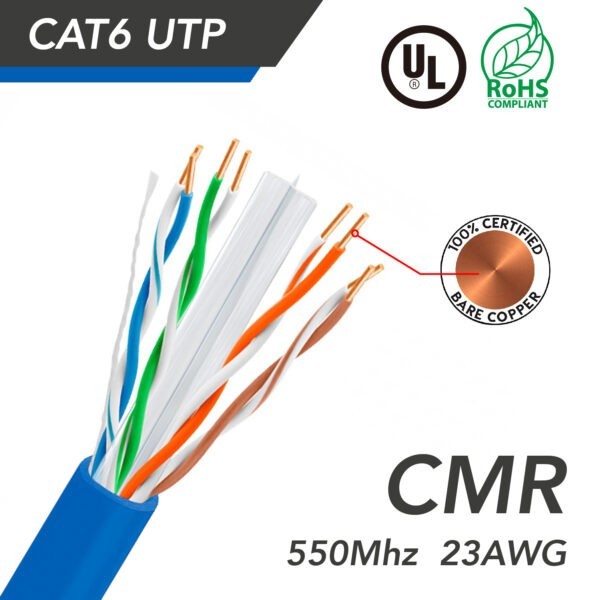 1000ft Cat 6 UTP 23AWG Solid CMR Bulk Cable Blue, UL Listed SKU: ATDS100961BL - Image 2