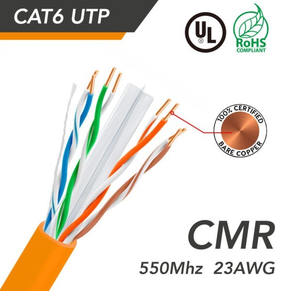 1000ft Cat 6 UTP 23AWG Solid CMR Bulk Cable Orange, UL Listed SKU: ATDS100961OR - Image 2