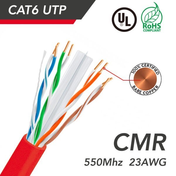 1000ft Cat 6 UTP 23AWG Solid CMR Bulk Cable Red, UL Listed SKU: ATDS100961RD - Image 2