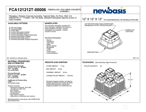 (Part Number - FCA121212T) 12'' x 12'' x 12'' - 12 x 12 x 12 - 12x12x12 - Tapered Polymer Concrete Assembly - OSP Vaults - Outside Plant Vaults - Tapered Fiberglass Assembly - Electrical Pull Boxes – Underground Enclosures – Underground Vaults Vaults- Build America Buy America Vaults- Handholes- BABA Compliant Vaults- BABA Compliant Handholes- Made in America Vaults- Made in American Handholes- Made in USA Vaults- Made in USA Handholes – Fiber Vaults – Fiber Handholes - NewBasis - Image 2