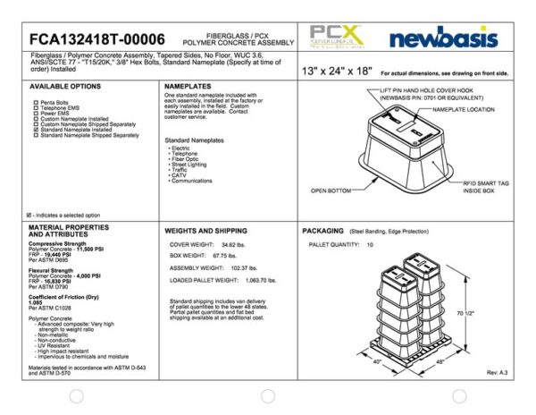 (Part Number - FCA132418T-h) 13'' x 24'' x 18'' - 13 x 24 x 18 - 13x24x18 - Tapered Polymer Concrete Assembly - OSP Handholes - Outside Plant Handholes - Tapered Fiberglass Assembly - Electrical Pull Boxes – Underground Enclosures – Underground Vaults Vaults- Build America Buy America Vaults- Handholes- BABA Compliant Vaults- BABA Compliant Handholes- Made in America Vaults- Made in American Handholes- Made in USA Vaults- Made in USA Handholes – Fiber Vaults – Fiber Handholes - NewBasis - Image 2