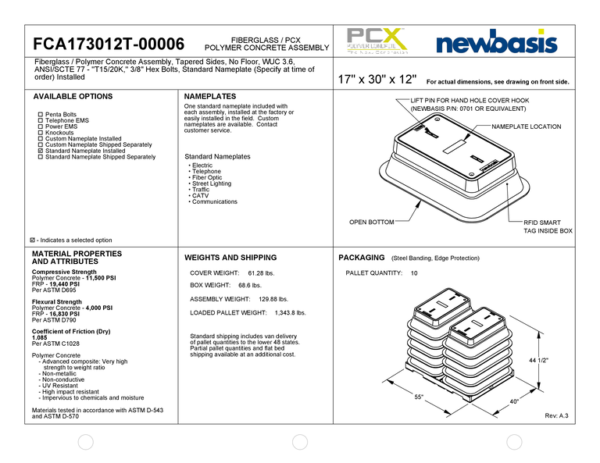(Part Number - FCA173012T) 17'' x 30'' x 12'' - 17 x 30 x 12 - 17x30x12 - Tapered Polymer Concrete Assembly - OSP Vaults - Outside Plant Vaults - Tapered Fiberglass Assembly - Electrical Pull Boxes – Underground Enclosures – Underground Vaults Vaults- Build America Buy America Vaults- Handholes- BABA Compliant Vaults- BABA Compliant Handholes- Made in America Vaults- Made in American Handholes- Made in USA Vaults- Made in USA Handholes – Fiber Vaults – Fiber Handholes - NewBasis - Image 2