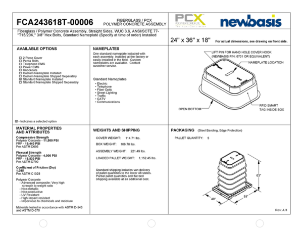 (Part Number - FCA243618T-h) 24'' x 36'' x 18'' - 24 x 36 x 18 - 24x36x18 - Tapered Polymer Concrete Assembly - OSP Handholes - Outside Plant Handholes - Tapered Fiberglass Assembly - Electrical Pull Boxes – Underground Enclosures – Underground Vaults Vaults- Build America Buy America Vaults- Handholes- BABA Compliant Vaults- BABA Compliant Handholes- Made in America Vaults- Made in American Handholes- Made in USA Vaults- Made in USA Handholes – Fiber Vaults – Fiber Handholes - NewBasis - Image 2