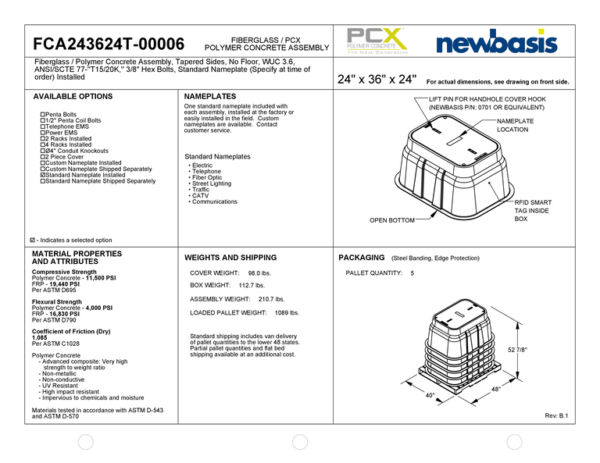 (Part Number - FCA243624T) 24'' x 36'' x 24'' - 24 x 36 x 24 - 24x36x24 - Tapered Polymer Concrete Assembly - OSP Vaults - Outside Plant Vaults - Tapered Fiberglass Assembly - Electrical Pull Boxes – Underground Enclosures – Underground Vaults Vaults- Build America Buy America Vaults- Handholes- BABA Compliant Vaults- BABA Compliant Handholes- Made in America Vaults- Made in American Handholes- Made in USA Vaults- Made in USA Handholes – Fiber Vaults – Fiber Handholes - NewBasis - Image 2