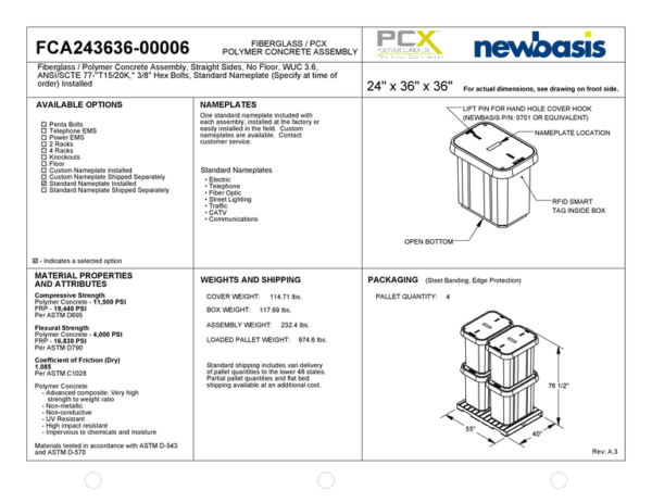 (Part Number - FCA243636) 24'' x 36'' x 36'' - 24 x 36 x 36 - 24x36x36 - Straight Polymer Concrete Assembly - OSP Vaults - Outside Plant Vaults - Straight Fiberglass Assembly - Electrical Pull Boxes – Underground Enclosures – Underground Vaults Vaults- Build America Buy America Vaults- Handholes- BABA Compliant Vaults- BABA Compliant Handholes- Made in America Vaults- Made in American Handholes- Made in USA Vaults- Made in USA Handholes – Fiber Vaults – Fiber Handholes - NewBasis - Image 2