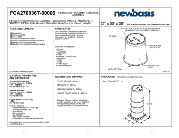 (Part Number - FCA270036T-h) 27'' x 00'' x 36'' - 27 x 00 x 36 - 27x00x36 - Tapered Polymer Concrete Assembly - OSP Handholes - Outside Plant Handholes - Tapered Fiberglass Assembly - Electrical Pull Boxes – Underground Enclosures – Underground Vaults Vaults- Build America Buy America Vaults- Handholes- BABA Compliant Vaults- BABA Compliant Handholes- Made in America Vaults- Made in American Handholes- Made in USA Vaults- Made in USA Handholes – Fiber Vaults – Fiber Handholes - NewBasis - Image 2
