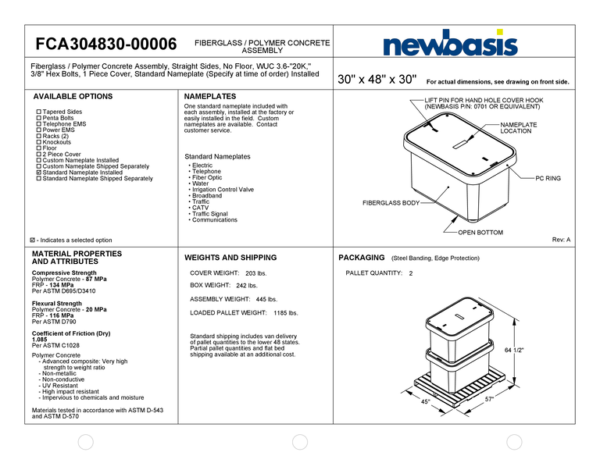 (Part Number - FCA304830) 30'' x 48'' x 30'' - 30 x 48 x 30 - 30x48x30 - Straight Polymer Concrete Assembly - OSP Vaults - Outside Plant Vaults - Straight Fiberglass Assembly - Electrical Pull Boxes – Underground Enclosures – Underground Vaults Vaults- Build America Buy America Vaults- Handholes- BABA Compliant Vaults- BABA Compliant Handholes- Made in America Vaults- Made in American Handholes- Made in USA Vaults- Made in USA Handholes – Fiber Vaults – Fiber Handholes - NewBasis - Image 2
