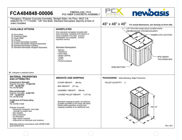 (Part Number - FCA484848) 48'' x 48'' x 48'' - 48 x 48 x 48 - 48x48x48 - Straight Polymer Concrete Assembly - OSP Vaults - Outside Plant Vaults - Straight Fiberglass Assembly - Electrical Pull Boxes – Underground Enclosures – Underground Vaults Vaults- Build America Buy America Vaults- Handholes- BABA Compliant Vaults- BABA Compliant Handholes- Made in America Vaults- Made in American Handholes- Made in USA Vaults- Made in USA Handholes – Fiber Vaults – Fiber Handholes - NewBasis - Image 2