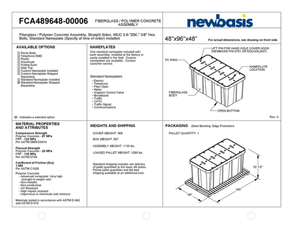 (Part Number - FCA489648) 48'' x 96'' x 48'' - 48 x 96 x 48 - 48x96x48 - Straight Polymer Concrete Assembly - OSP Vaults - Outside Plant Vaults - Straight Fiberglass Assembly - Electrical Pull Boxes – Underground Enclosures – Underground Vaults Vaults- Build America Buy America Vaults- Handholes- BABA Compliant Vaults- BABA Compliant Handholes- Made in America Vaults- Made in American Handholes- Made in USA Vaults- Made in USA Handholes – Fiber Vaults – Fiber Handholes - NewBasis - Image 2